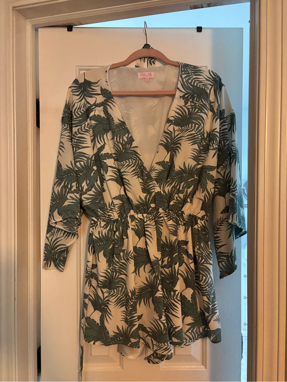 Pink Lily Cream and Green Palm-Print Romper